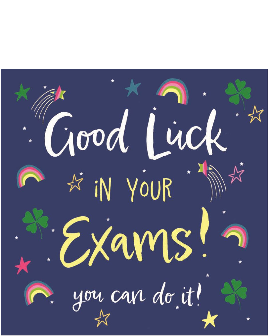 A little sprinkle of magic and motivation! This uplifting card features a scattering of rainbows, shooting stars, and lucky four-leaf clovers set against a deep blue background — perfect for sending positive vibes during exam season.