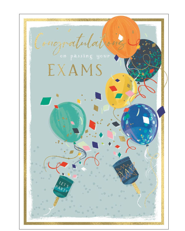 Celebrate exam success with this fun and festive exam congratulations card! Featuring colourful balloons and party poppers bursting with joy, this cheerful design is set against a fresh light blue background for a bright and uplifting feel.&nbsp;Elegant gold foil text on the front reads "Congratulations on Passing Your Exams"