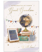 Celebrate your Great-Grandson’s exam success with this thoughtful and uplifting congratulations card, perfect for showing how proud you are of his achievements. The design features a cheerful display of student essentials, including books, stationery, and an iPad screen that reads “So proud of you”, set against a background scattered with mini gold stars. The front message in shimmering gold foil text reads "Congratulations Great-Grandson...You Passed! Well Done".