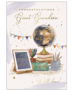 Celebrate your Great-Grandson’s exam success with this thoughtful and uplifting congratulations card, perfect for showing how proud you are of his achievements. The design features a cheerful display of student essentials, including books, stationery, and an iPad screen that reads “So proud of you”, set against a background scattered with mini gold stars. The front message in shimmering gold foil text reads "Congratulations Great-Grandson...You Passed! Well Done".