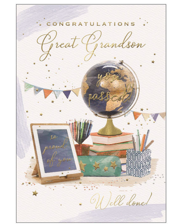 Celebrate your Great-Grandson’s exam success with this thoughtful and uplifting congratulations card, perfect for showing how proud you are of his achievements. The design features a cheerful display of student essentials, including books, stationery, and an iPad screen that reads “So proud of you”, set against a background scattered with mini gold stars. The front message in shimmering gold foil text reads 