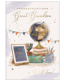 Celebrate your Great-Grandson’s exam success with this thoughtful and uplifting congratulations card, perfect for showing how proud you are of his achievements. The design features a cheerful display of student essentials, including books, stationery, and an iPad screen that reads “So proud of you”, set against a background scattered with mini gold stars. The front message in shimmering gold foil text reads "Congratulations Great-Grandson...You Passed! Well Done".