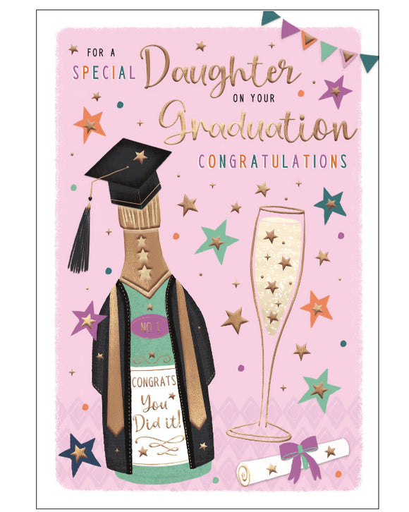 Celebrate your Daughter’s Graduation in style with this fun and charming congratulations card, designed to mark one of life’s proudest achievements. The playful design features a bottle of fizz dressed in a graduation gown and mortar board, complete with a glass of champagne and a rolled certificate – capturing the spirit of celebration.

Set against a cheerful pink background sprinkled with mini stars, the card is finished with gold and multicoloured text that reads 