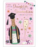 Celebrate your Daughter’s Graduation in style with this fun and charming congratulations card, designed to mark one of life’s proudest achievements. The playful design features a bottle of fizz dressed in a graduation gown and mortar board, complete with a glass of champagne and a rolled certificate – capturing the spirit of celebration.

Set against a cheerful pink background sprinkled with mini stars, the card is finished with gold and multicoloured text that reads "For a Special Daughter on Your Graduati