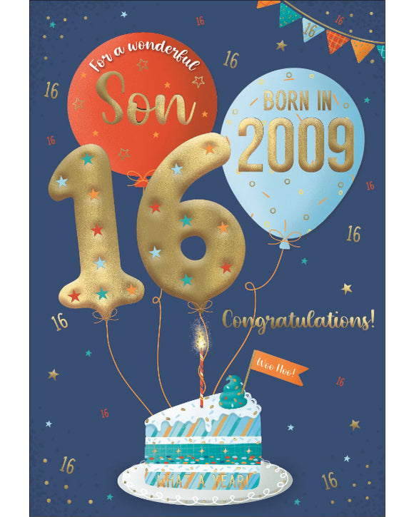 Celebrate your son's special day with a gift that will take him back in time! This clever 16th birthday card features intriguing tidbits and factoids about the year he was born. Discover together the top hits, blockbuster films, and noteworthy events that made 2009 a year to remember. Show him that he's one of a kind with this charming and amusing 16th birthday card.