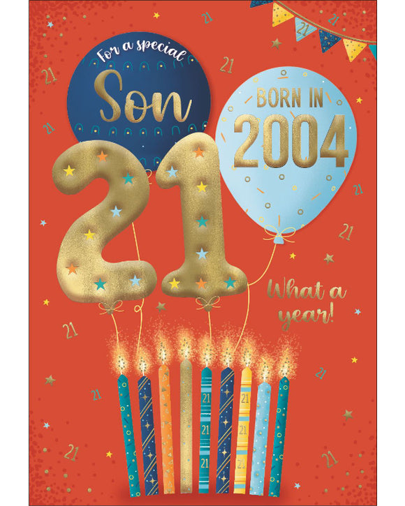 Celebrate your son's special day with a gift that will take him back in time! This clever 21st birthday card features intriguing tidbits and factoids about the year he was born. Discover together the top hits, blockbuster films, and noteworthy events that made 2004 a year to remember. Show him that he's one of a kind with this charming and amusing 21st birthday card.