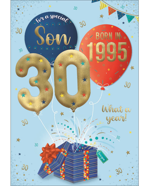 Celebrate your son's special day with a gift that will take him back in time! This clever 30th birthday card features intriguing tidbits and factoids about the year he was born. Discover together the top hits, blockbuster films, and noteworthy events that made 1995 a year to remember. Show him that he's one of a kind with this charming and amusing 30th birthday card.