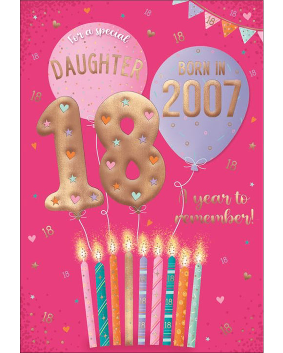 Celebrate your daughter's special day with a gift that will take her back in time! This clever 18th birthday card features intriguing tidbits and factoids about the year she was born. Discover together the top hits, blockbuster films, and noteworthy events that made 2007 a year to remember. Show her that she's one of a kind with this charming and amusing 18th birthday card.