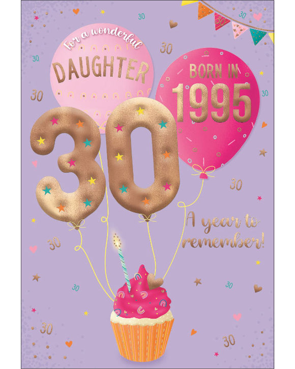 Celebrate your daughter's special day with a gift that will take her back in time! This clever 30th birthday card features intriguing tidbits and factoids about the year she was born. Discover together the top hits, blockbuster films, and noteworthy events that made 1995 a year to remember. Show her that she's one of a kind with this charming and amusing 30th birthday card.