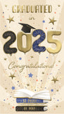 A great Graduation card abuzz with a celebratory feel. Text in gold and blue fills the page with "Graduated in 2025...Congratulations! So Proud of You" whilst the cream backdrop is lit up with mini stars in red, gold and blue.
