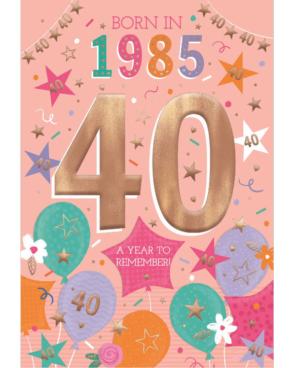 Relive the past and give a gift that's as unique as your loved one! These fantastic 40th birthday cards feature loads of interesting facts about the year 1985.


How much do you know about the year you were born - the top hits, the movies and the big news? Relive the year with this fun and educational 40th birthday card.