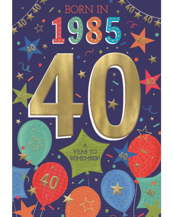 Relive the past and give a gift that's as unique as your loved one! These fantastic 40th birthday cards feature loads of interesting facts about the year 1985.


How much do you know about the year you were born - the top hits, the movies and the big news? Relive the year with this fun and educational 40th birthday card.