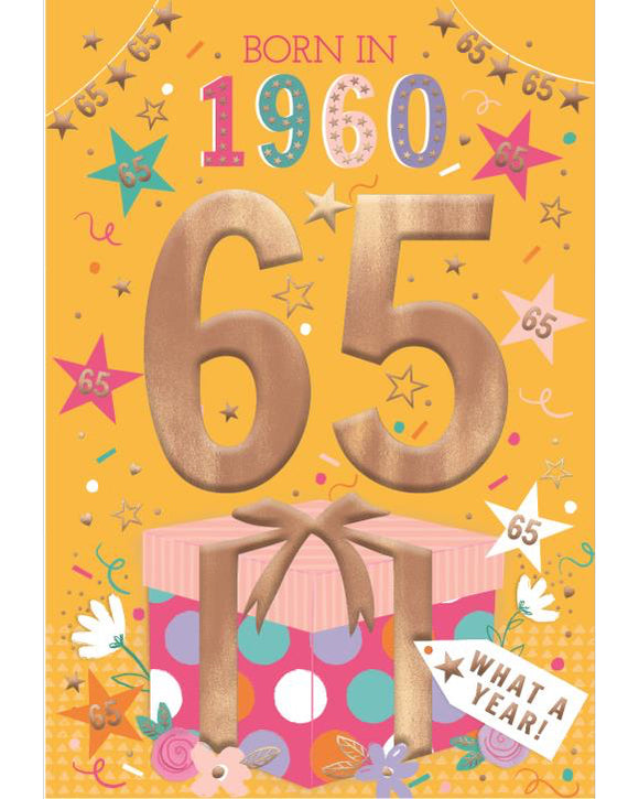 Relive the past and give a gift that's as unique as your loved one! These fantastic 65th birthday cards feature loads of interesting facts about the year 1960.


How much do you know about the year you were born - the top hits, the movies and the big news? Relive the year with this fun and educational 65th birthday card.