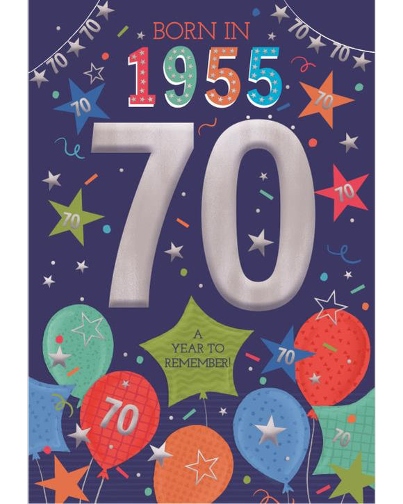 Relive the past and give a gift that's as unique as your loved one! These fantastic 70th birthday cards feature loads of interesting facts about the year 1955.


How much do you know about the year you were born - the top hits, the movies and the big news? Relive the year with this fun and educational 70th birthday card.