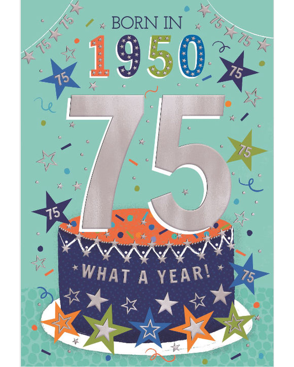 Relive the past and give a gift that's as unique as your loved one! These fantastic 75th birthday cards feature loads of interesting facts about the year 1950.


How much do you know about the year you were born - the top hits, the movies and the big news? Relive the year with this fun and educational 75th birthday card.