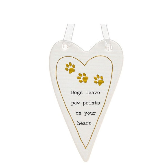 This lovely heart shaped, ceramic plaque from Thoughtful Words Ceramics is the perfect gift for a new dog owner, or someone treasuring a much-loved pup. This white glazed heart is decorated with three tiny gold paw prints above black stamped text that reads 