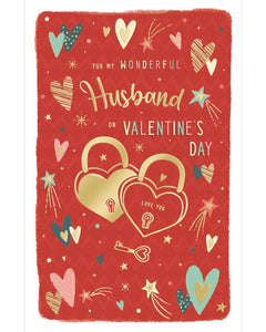 This elegant valentines day card for a special husband is decorated with a pair of golden lovelocks surrounded by hearts and stars. The caption on the front of the card reads "For my wonderful Husband on Valentine's Day".