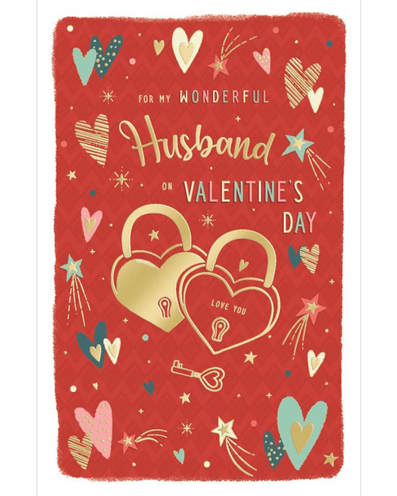 This elegant valentines day card for a special husband is decorated with a pair of golden lovelocks surrounded by hearts and stars. The caption on the front of the card reads 