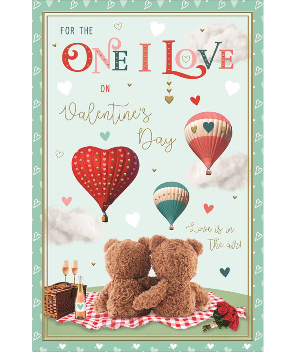 This cute valentines day card is decorated with two fluffy brown teddy bears sitting together on a picnic blanket, watching hot air balloons in the sky. The caption on the front of the card reads 