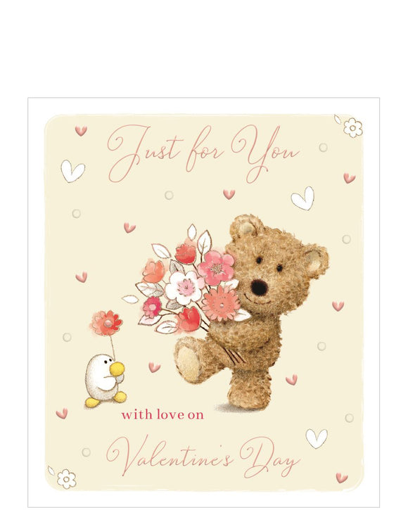 This cute valentines day card is decorated with a cute illustration of fluffy Barley Bear carrying a bouquet of pink and white flowers. The caption on the front of the card reads 