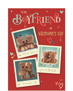 This cute valentines day card for a special boyfriend is decorated with a trio of polaroid-style pictures of Barley Bear and his girlfriend. The caption on the front of the card reads "To my Boyfriend on Valentine's Day".