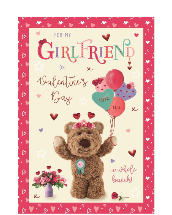 This cute valentines day card is decorated with a cute illustration of fluffy Barley Bear holding a bunch of heart-shaped balloons. The caption on the front of the card reads 