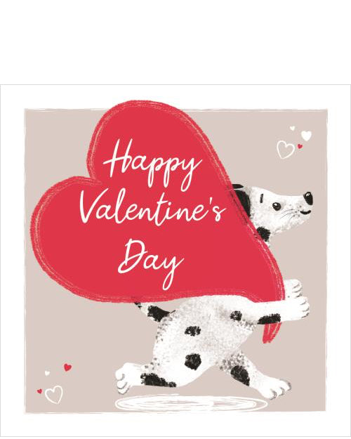 This cute valentine's day card is decorated with a black and white dalmatian puppy holding a heart that reads 