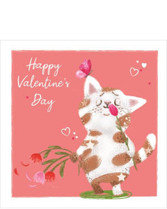 This cute valentine's day card is decorated with a brown and white cat holding a bunch of roses. The caption on the front of the card reads "Happy Valentine's Day".