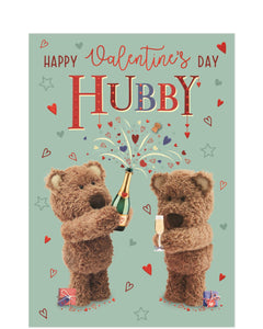 This cute valentines day card for a special husband is decorated with Barley Bear and partner opening a bottle of champagne. The caption on the front of the card reads "Happy Valentine's Day Hubby".