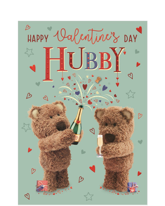 This cute valentines day card for a special husband is decorated with Barley Bear and partner opening a bottle of champagne. The caption on the front of the card reads 