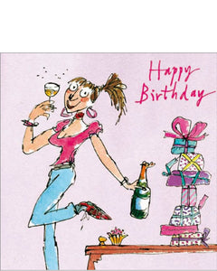 Fantastic, bright and witty Birthday card featuring the artwork of Quentin Blake. Blake's illustrations are instantly recognisable and loved by all due to his long association with the&nbsp;stories of Roald Dahl.&nbsp;This birthday card shows a woman enjoying a glass of champagne.&nbsp;