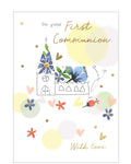 Celebrate a cherished faith milestone with this beautiful First Communion card suitable for both boys and girls. The card features a charming line-drawn church illustration, topped with a delicate blue floral roof and surrounded by colourful symbolic icons, adding a joyful and spiritual touch.&nbsp;Finished with elegant silver foil text on the front of the card that reads&nbsp;"On Your First Communion With Love".