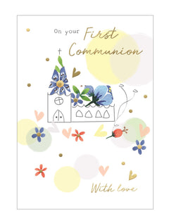 Celebrate a cherished faith milestone with this beautiful First Communion card suitable for both boys and girls. The card features a charming line-drawn church illustration, topped with a delicate blue floral roof and surrounded by colourful symbolic icons, adding a joyful and spiritual touch.&nbsp;Finished with elegant silver foil text on the front of the card that reads&nbsp;"On Your First Communion With Love".