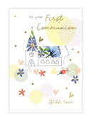 Celebrate a cherished faith milestone with this beautiful First Communion card suitable for both boys and girls. The card features a charming line-drawn church illustration, topped with a delicate blue floral roof and surrounded by colourful symbolic icons, adding a joyful and spiritual touch.&nbsp;Finished with elegant silver foil text on the front of the card that reads&nbsp;"On Your First Communion With Love".