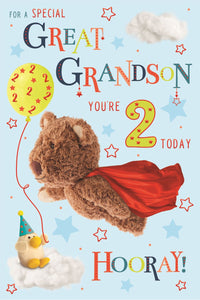 Barley the little brown bear flies through the air in his red cape on the front of this 2nd birthday card. Colourful text on the front of the card reads "For a special Great Grandson you're 2 Today...Hooray!"