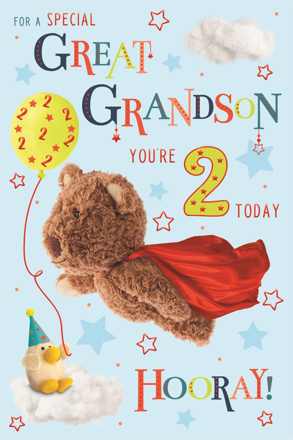 Barley the little brown bear flies through the air in his red cape on the front of this 2nd birthday card. Colourful text on the front of the card reads 