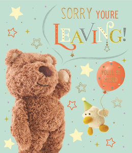 Say farewell with a special goodbye message using this leaving card. Featuring a cute Barley bear and his friend Cluck, this card offers a heartfelt sentiment wishing the recipient well as they move on to something new. The caption on the front of the card reads "Sorry you're leaving".