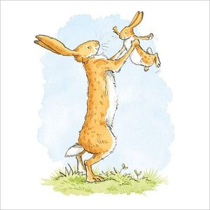 This blank card features detail from an illustration by Anita Jeram from the beloved story, "Guess How Much I Love You". In the image, a mother hare is gleefully tossing her young one into the air.