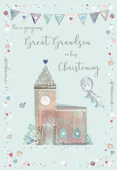 This lovely christening card for a special great-grandson shows a sketch of an old fashioned church in pastel colours against a light blue background.  Bunting, mini hearts and silver trimmings form a delicate border. Silver text on the front of the card reads "For a Gorgeous Great Grandson on his Christening".