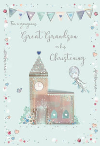 This lovely christening card for a special great-grandson shows a sketch of an old fashioned church in pastel colours against a light blue background.  Bunting, mini hearts and silver trimmings form a delicate border. Silver text on the front of the card reads "For a Gorgeous Great Grandson on his Christening".
