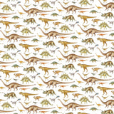 This single sheet of wrapping paper is decorated with a repeating pattern of illustrations of dinosaurs from objects and images held in the archive of the Natural History Museum. The dinosaurs features include a triceratops, t-rex and diplodocus.