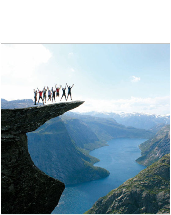 Rather them than me! This birthday card shows a photograph of a group of daredevils leaping on the edge of a cliff.