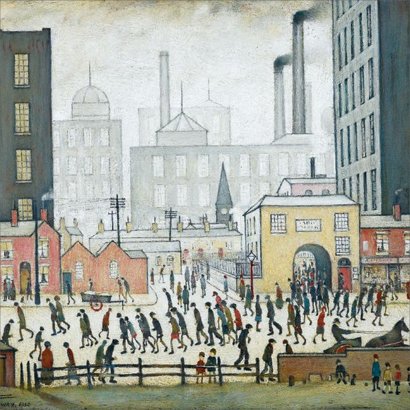 Blank greetings card showing L S Lowry's 1930 artwork, Coming From the Mill. Factories and smoke stacks fade to grey in the background while the foreground shows Lowry's iconic stooped matchstick figures making their way home after a long day at work in the factory