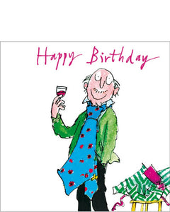 This Quentin Blake birthday card shows a gentleman holding up a glass of wine and wearing a very large tie.