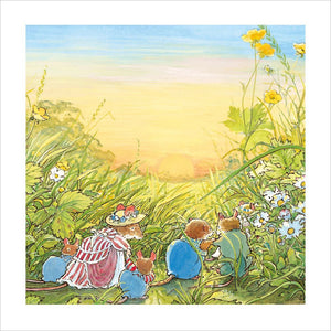 The image shows the front of a greetings card - decorated with detail from a Jill Barklem illustration from the Brambly Hedge 'Summer Story' showing the family of mice watching the sun set in a medow of summer flowers.