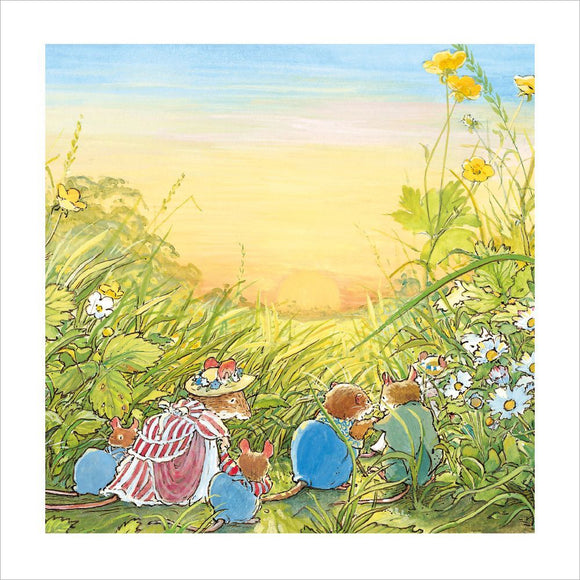 The image shows the front of a greetings card - decorated with detail from a Jill Barklem illustration from the Brambly Hedge 'Summer Story' showing the family of mice watching the sun set in a medow of summer flowers.