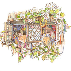 This image shows the front of a greetings card which is decorated wit detail from a delightful illustration by Jill Barklem from the book "Autumn Story". Two mice, dressed in bright colours and waving ribbons peer out through open casement windows. The window is seen through boughs of a tree in spring blossom.