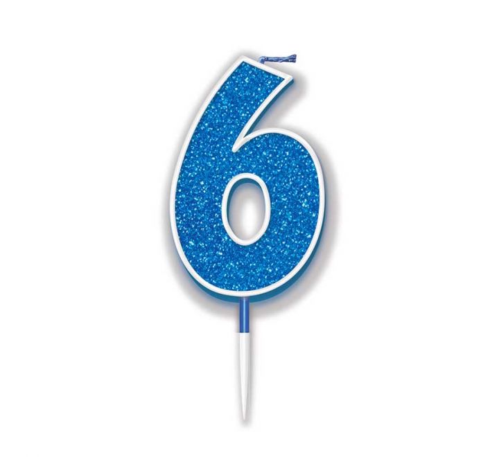 Blue Glitter Number 6 Candle
