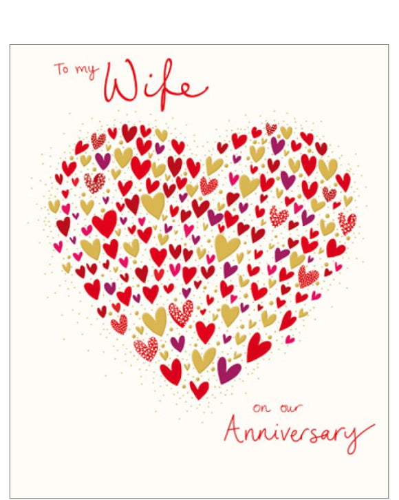 This anniversary card for a special wife is decorated with a heart made up of little red, purple and metallic gold hearts. Red script surrounding the hearts reads 