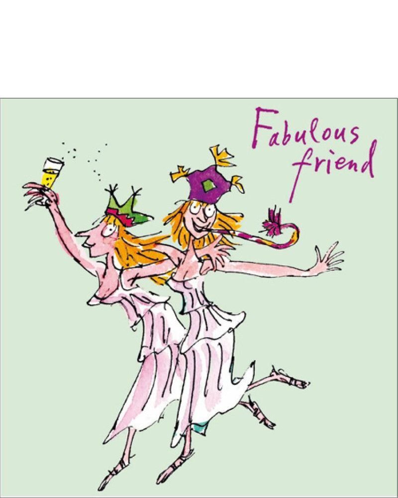 This birthday card is decorated with two women dancing while wearing matching dresses and party hats. The text on the front of the card reads "Fabulous Friend".